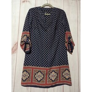 Peppermint Womens Navy Blue Boho Geometric Print Roll Tab Sleeve Shift Dress M